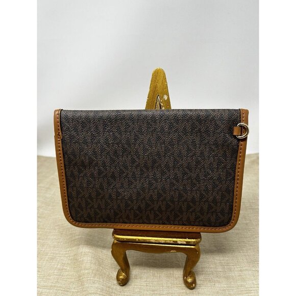 Michael Kors Brown MK Logo Pattern Light Trim Snap Closure Small Bag Storage - Picture 2 of 6